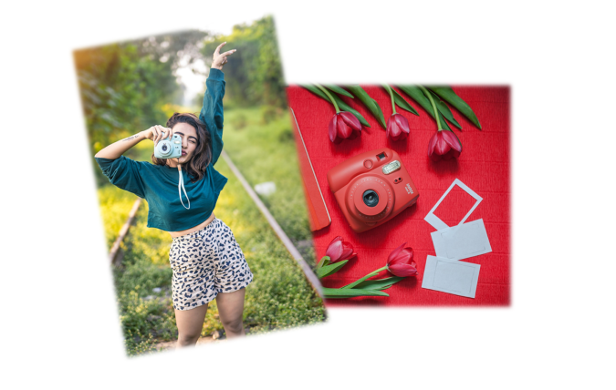 billede af kvinde der fotograferer med Instax kamera, samt et billede af r&oslash;dt instax kamera p&aring; r&oslash;d baggrund