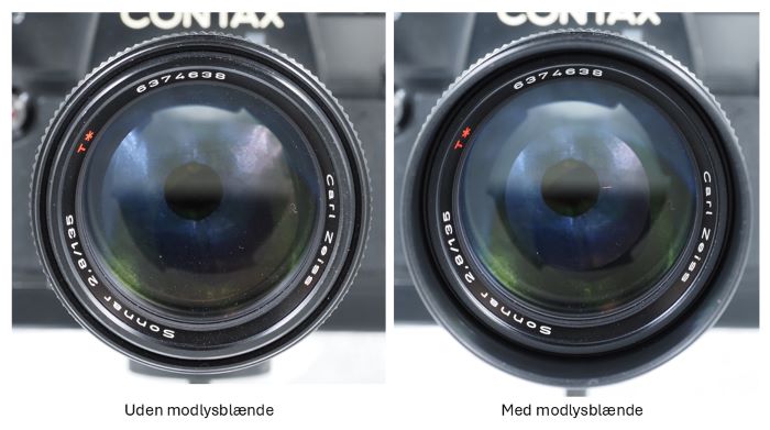 Billede af et reflektionen i et objektiv henholdsvis med og uden modlysbl&aelig;nde