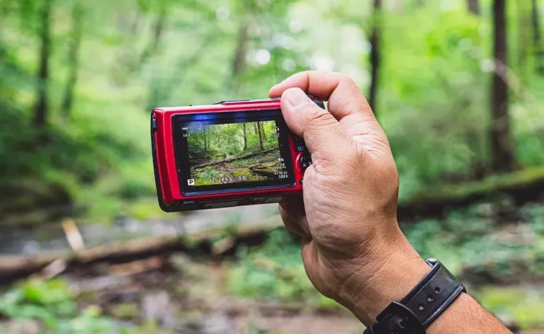 Billede en fotgtafs h&aring;nd der holder et OM TG-7 hvor man kan se motivet p&aring; sk&aelig;rmen